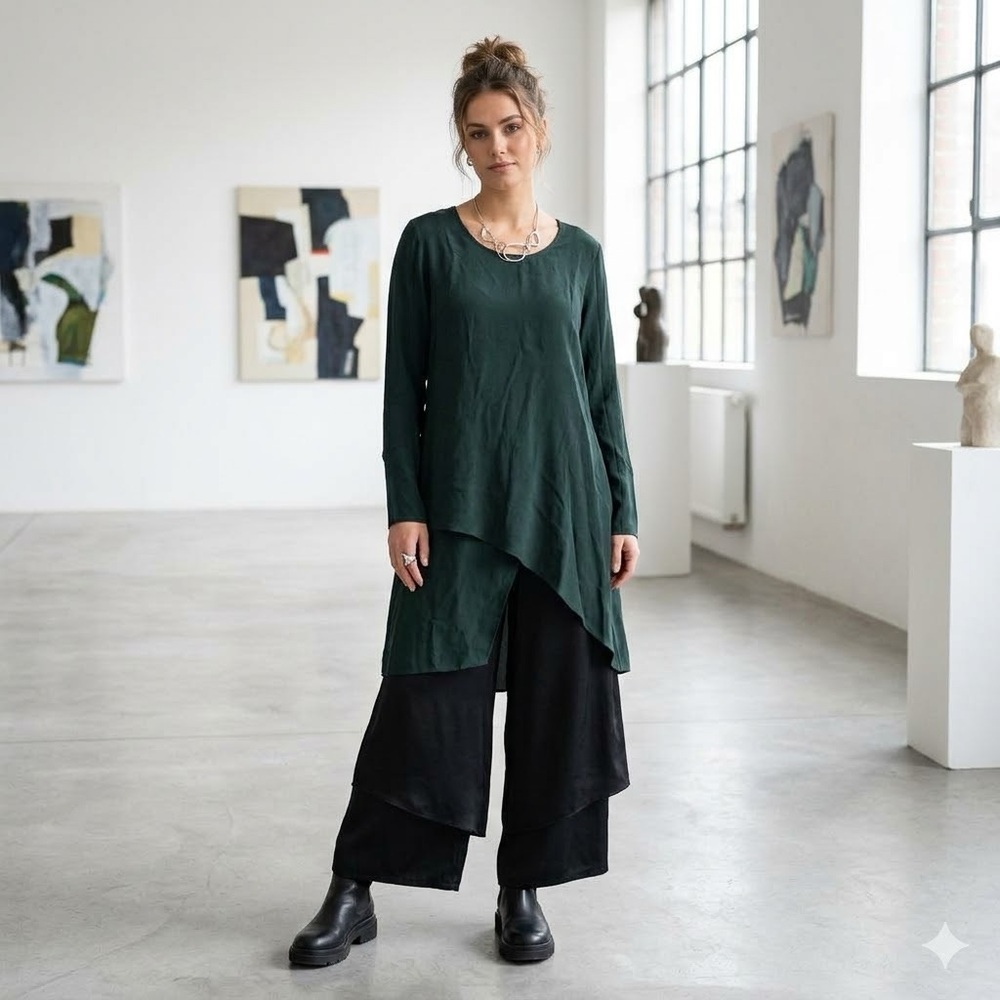 Stella Carakasi Black Asymmetrical Layered Lagenlook Tunic Top Soft Silky Boho